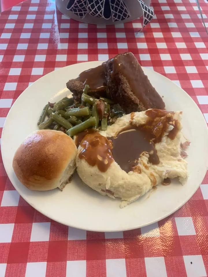 Meatloaf Mashed Potatoes with Gravy Bacon Green Beans and a Roll